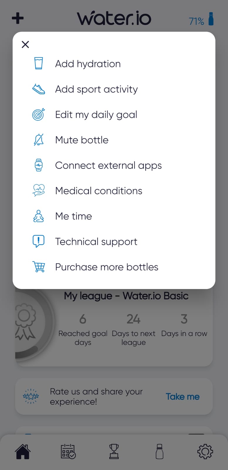 Water.io smart water bottle app menu screen with features and customization settings