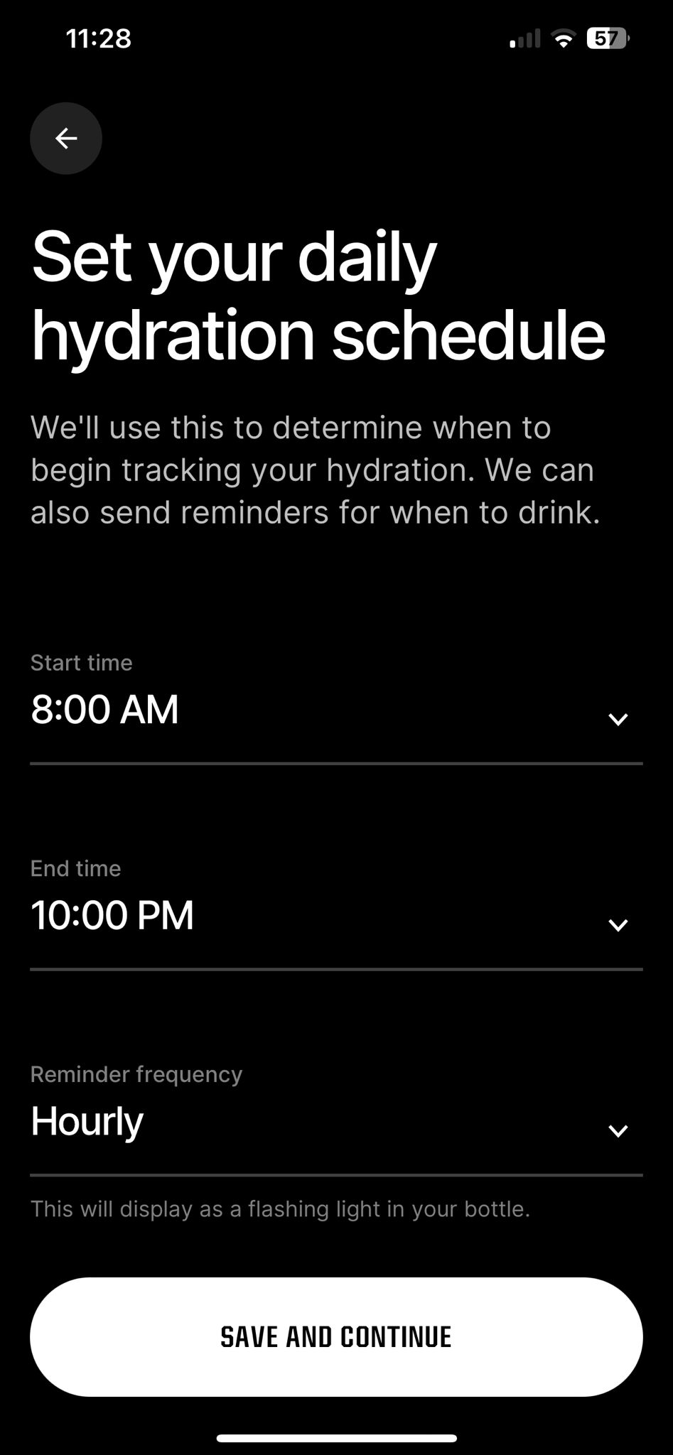 Gatorade Smart Gx app showing the user’s reminder frequency options