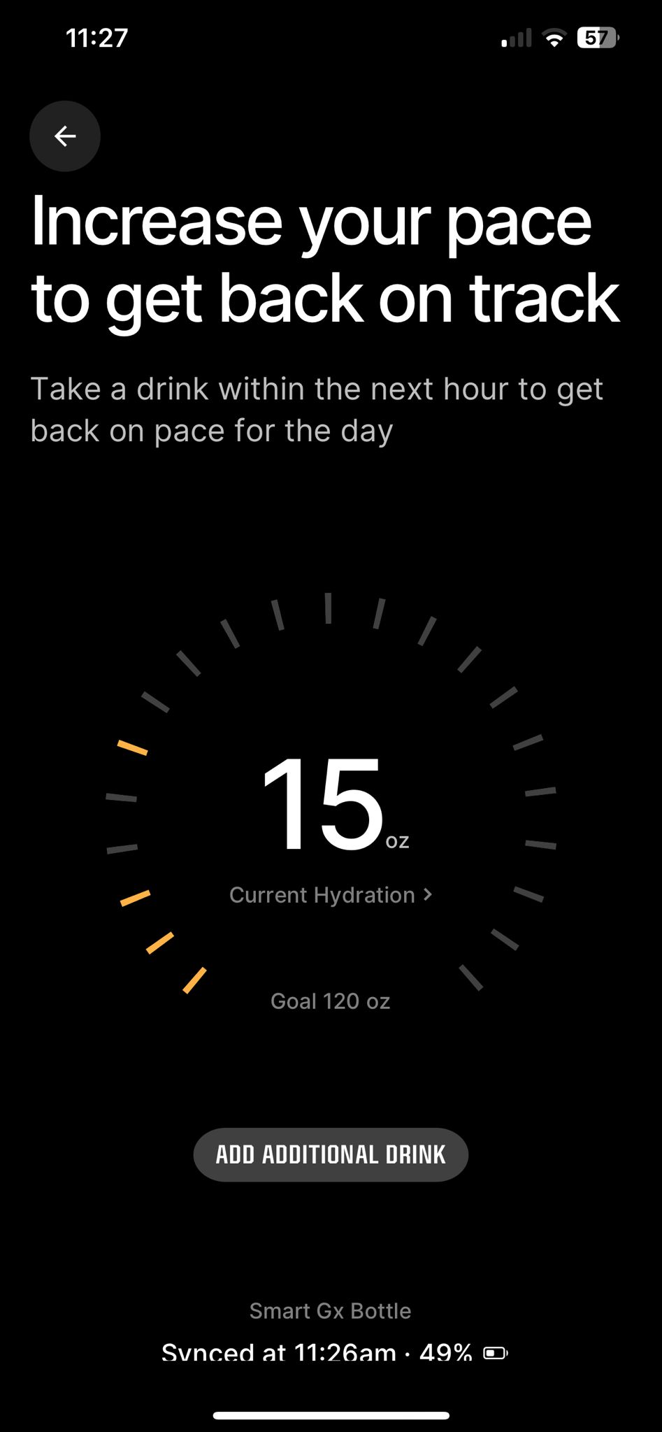 Gatorade Smart Gx app showing the user’s progress towards their daily hydration goal